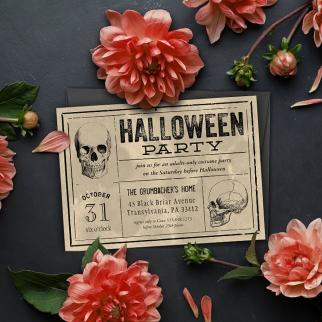 Vintage Label Halloween Party Invitation Skulls (halloween party invitation looks like old poison label with stained ecru paper and two skull design)