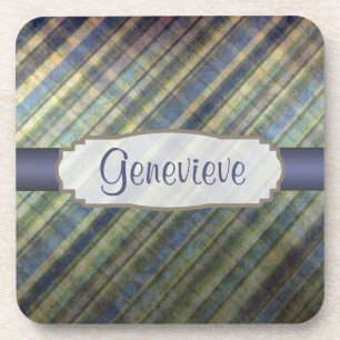 Vintage Label on Sage and Lavender Damask Stripes Coaster