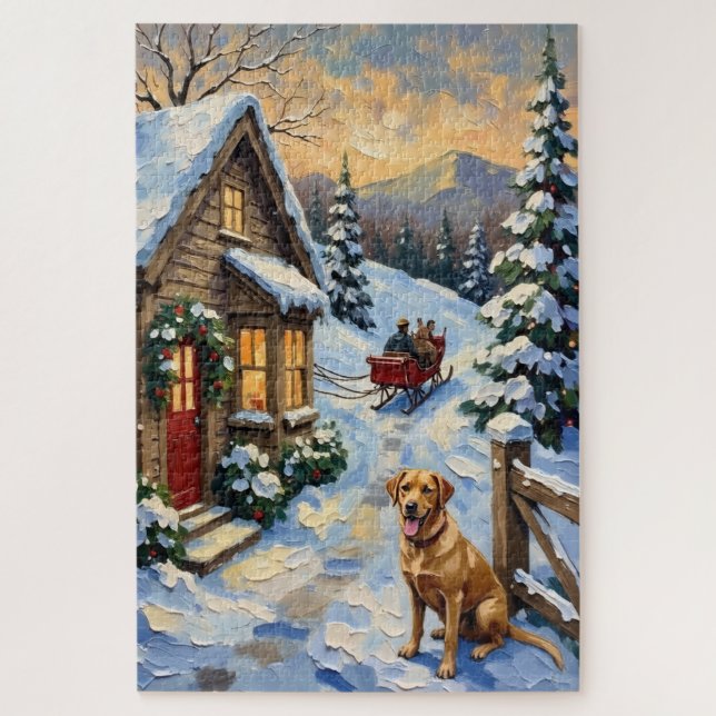 Vintage Labrador Retriever Christmas Cottage Jigsaw Puzzle (Vertical)