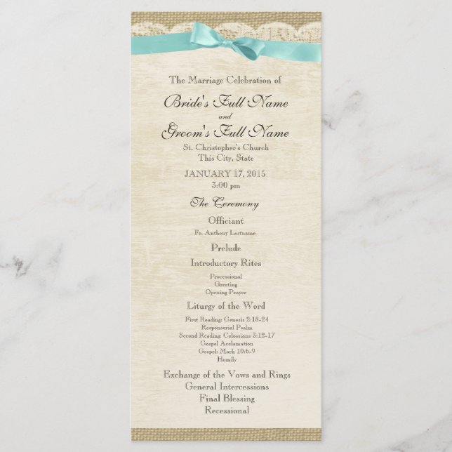 Vintage Lace and Aqua Bow Wedding Program Programme (Front)