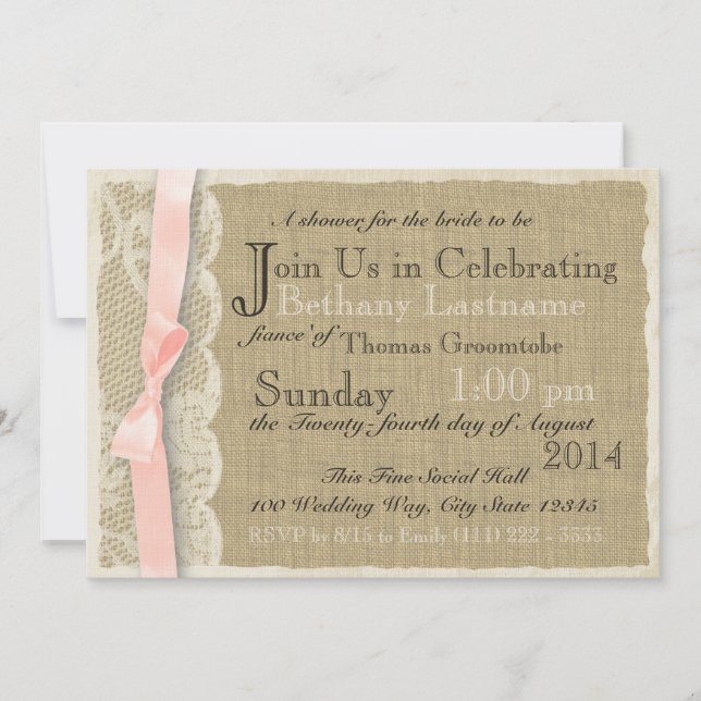 Vintage Lace and Blush Bow Bridal Shower Invitation (Front)