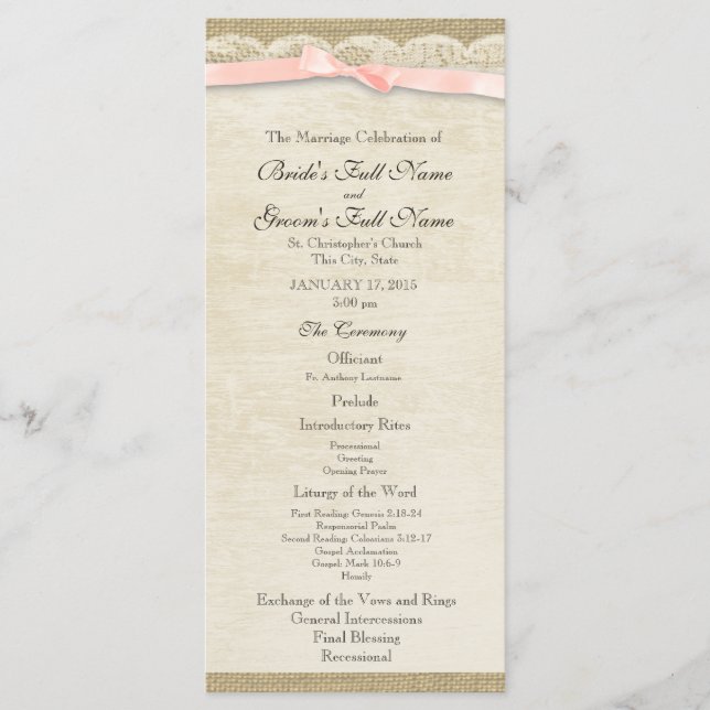 Vintage Lace and Blush Bow Wedding Program Programme (Front)