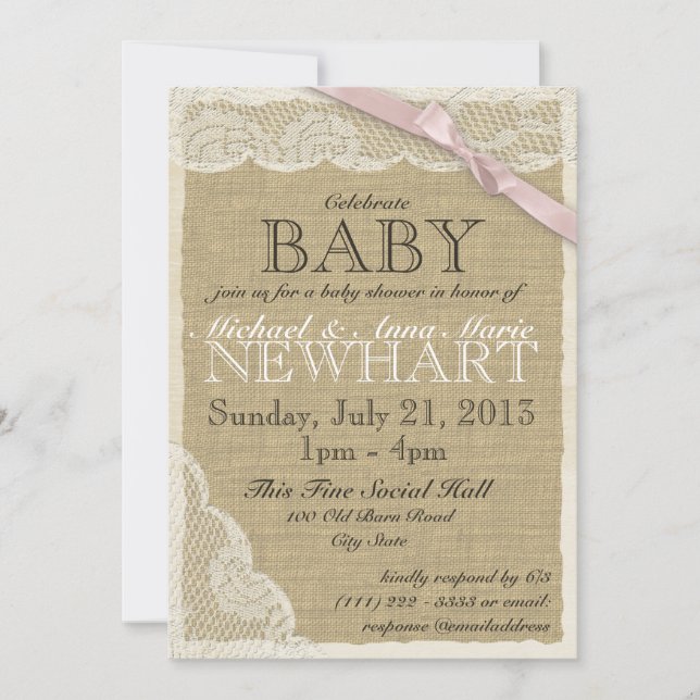 Vintage Lace and Bow Baby Shower Pink Invitation (Front)