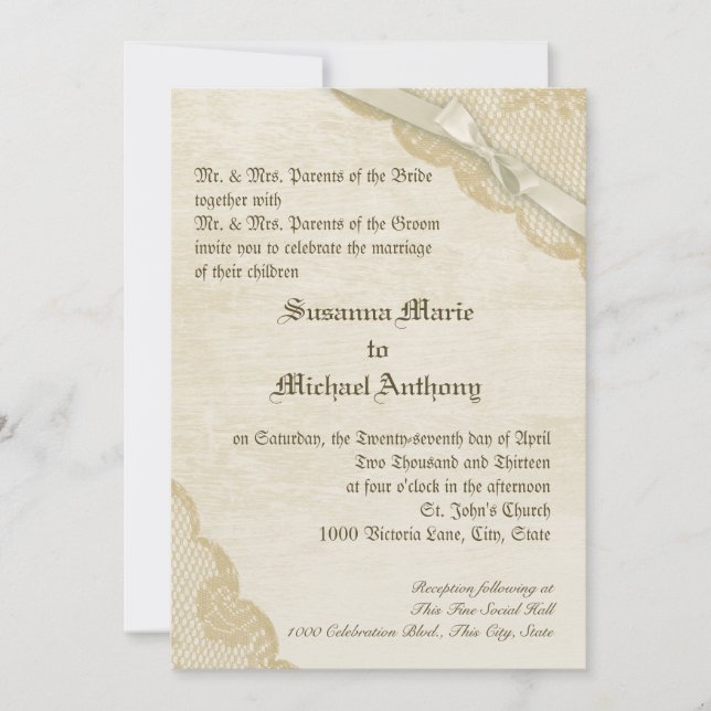 Vintage Lace and bow Wedding Invitation (Front)
