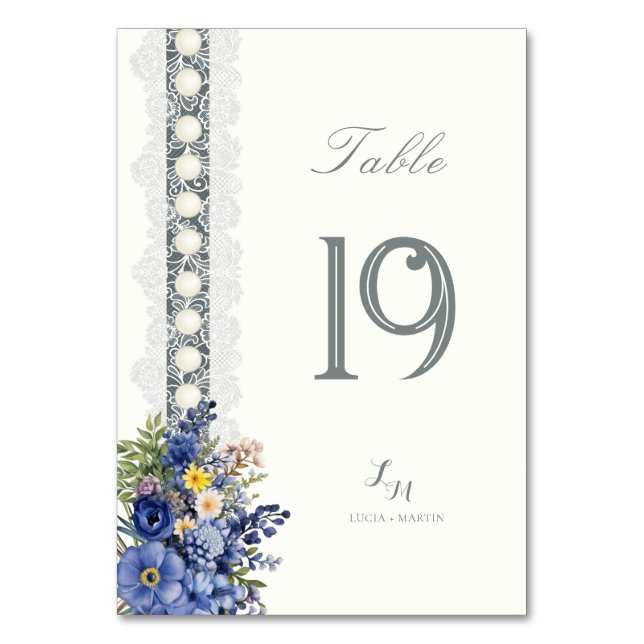 Vintage Lace And Pearls Floral Table Number (Front)