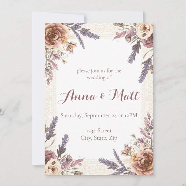 Vintage Lace and Pressed Flowers Wedding Invitation (Front)