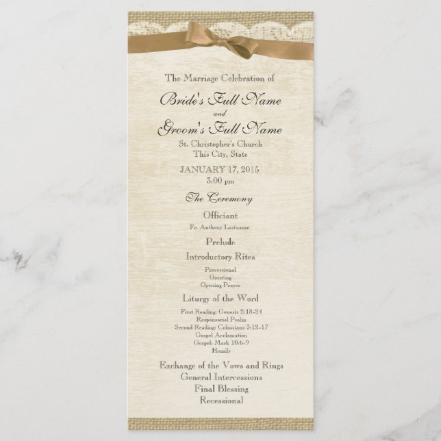 Vintage Lace and Tan Bow Wedding Program Programme (Front)