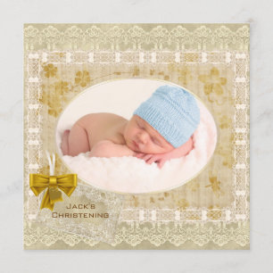 Vintage Lace Baby Boy Photo Baptism Christening Invitation