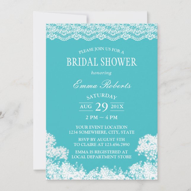 Vintage Lace Baby's Breath Turquoise Bridal Shower Invitation (Front)