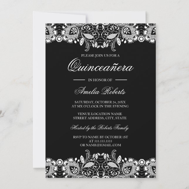 Vintage Lace Black White Quinceanera Invitation (Front)