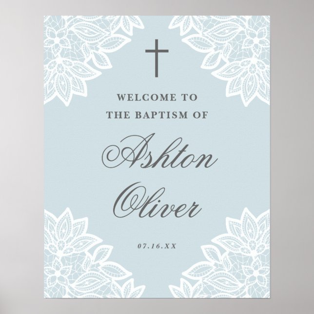 Vintage lace blue baptism welcome sign (Front)