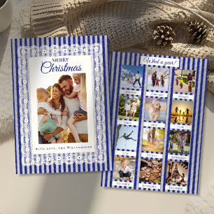 Vintage Lace Blue Stripes Photos Year in Review Holiday Card