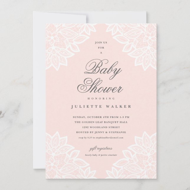 Vintage lace blush pink baby shower invitation (Front)