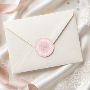 Vintage Lace Blush Pink Wedding Monogram Classic Round Sticker