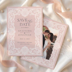 Vintage Lace Blush Pink Wedding Photo Save The Date