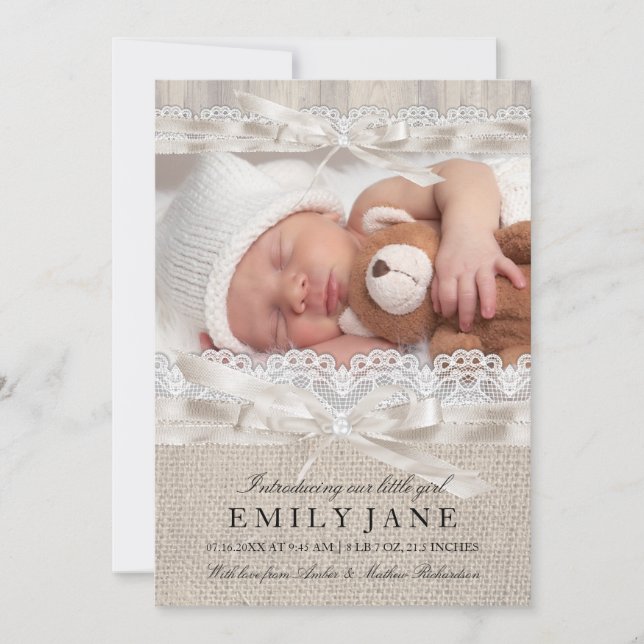Vintage Lace & Bow Rustic Photo Birth Announcement (Front)
