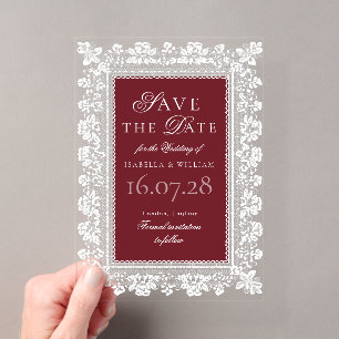 Vintage Lace Burgundy Old Money Save the Date Acrylic Invitations