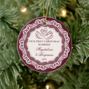 Vintage Lace Burgundy Swan 1st Christmas Married Ceramic Tree Decoration