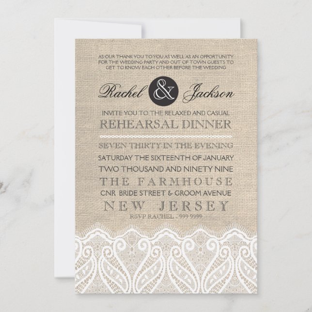 Vintage Lace & Burlap Rehearsal Dinner Invitation (Front)