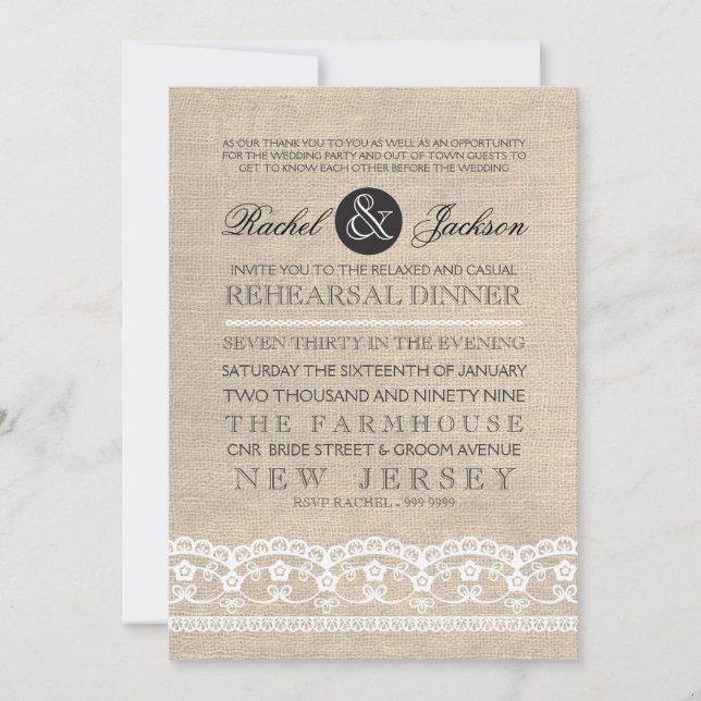 Vintage Lace & Burlap Rehearsal Dinner Invitation (Front)
