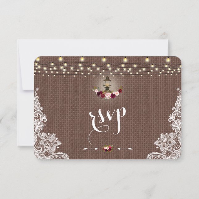 Vintage Lace Burlap String Lights Wedding RSVP Card (Front)
