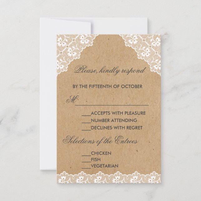 Vintage Lace Craft Paper Wedding RSVP Card (Front)
