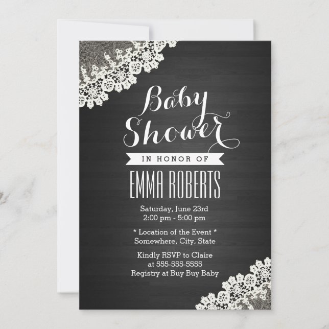 Vintage Lace Dark Wood Baby Shower Invitations (Front)