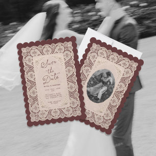 Vintage Lace Doily Burgundy Save the Date Invitation