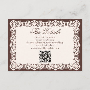 Vintage Lace Earthy Brown Wedding Website QR Code Enclosure Card