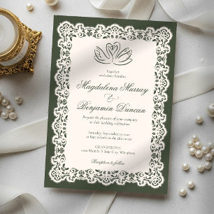 Vintage Lace Elegant Olive Green Swan Wedding Invitation