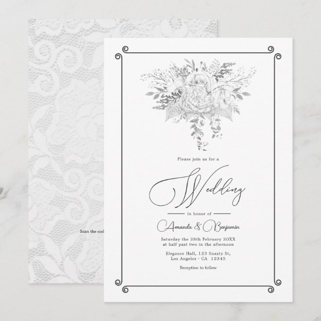 Vintage Lace Floral Wedding QR Code Invitation (Front/Back)