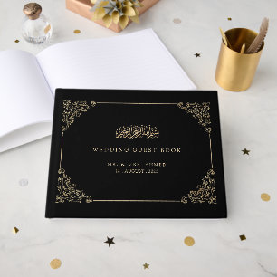 Vintage Lace Frame Black Gold Muslim Wedding Guest Book