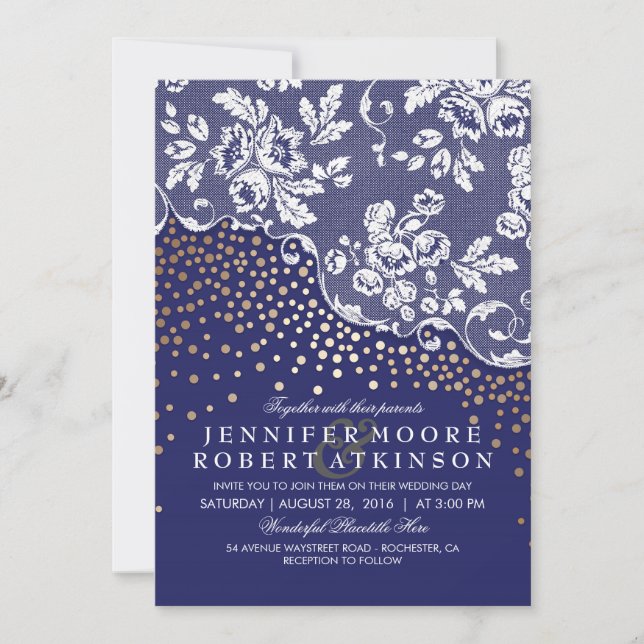 Vintage Lace Gold Confetti Lights Navy Wedding Invitation (Front)