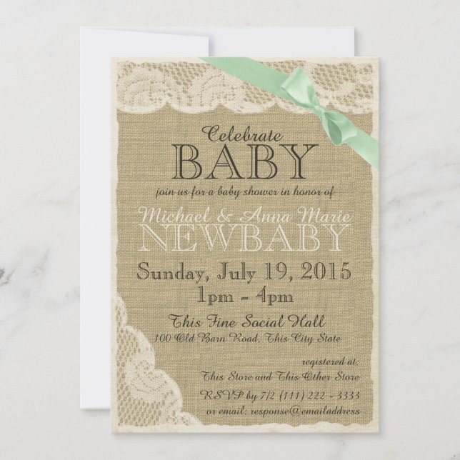 Vintage Lace Green Bow Baby Shower Invitation (Front)