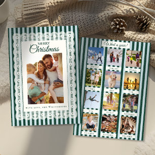 Vintage Lace Green Stripes Photos Year in Review Holiday Card
