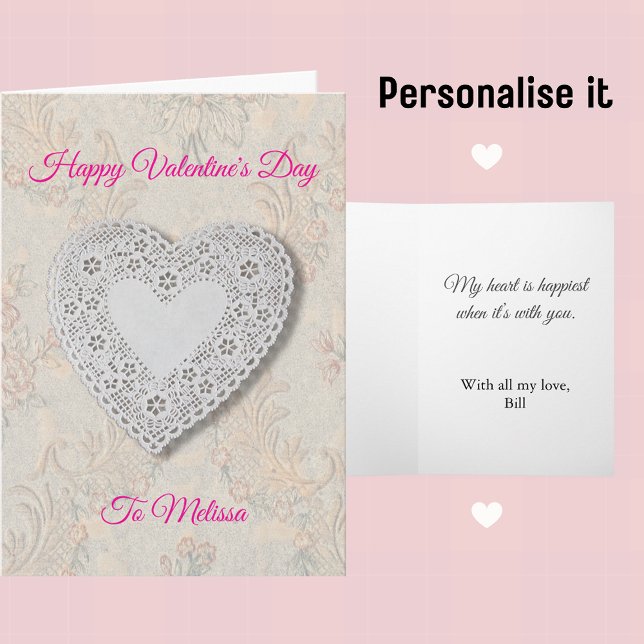 Vintage Lace Heart And Flowers Valentine Holiday Card (Customizable Vintage Lace Heart Valentine's Day Card)
