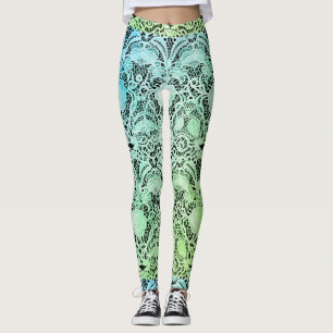 Vintage Lace in Light Blue and Lime Green Ombre Leggings