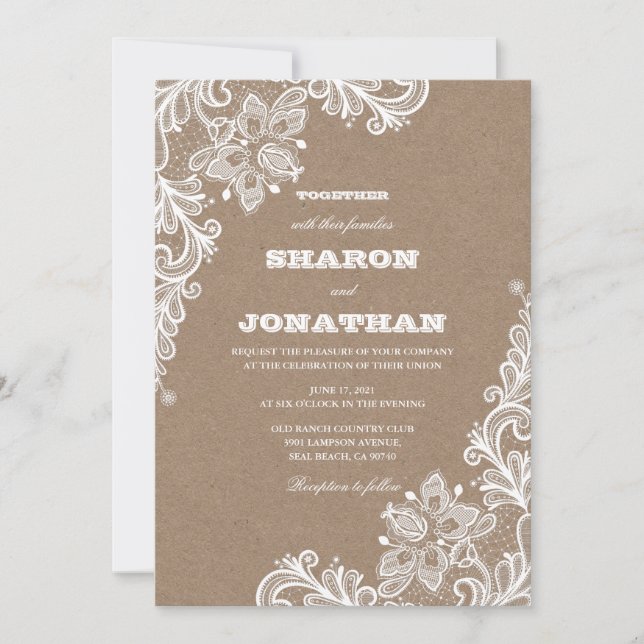 Vintage Lace Kraft & White Rustic Wedding Invitation (Front)