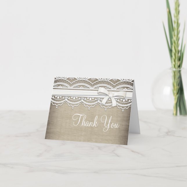 Vintage Lace & Linen Rustic Custom Thank You Card (Front)