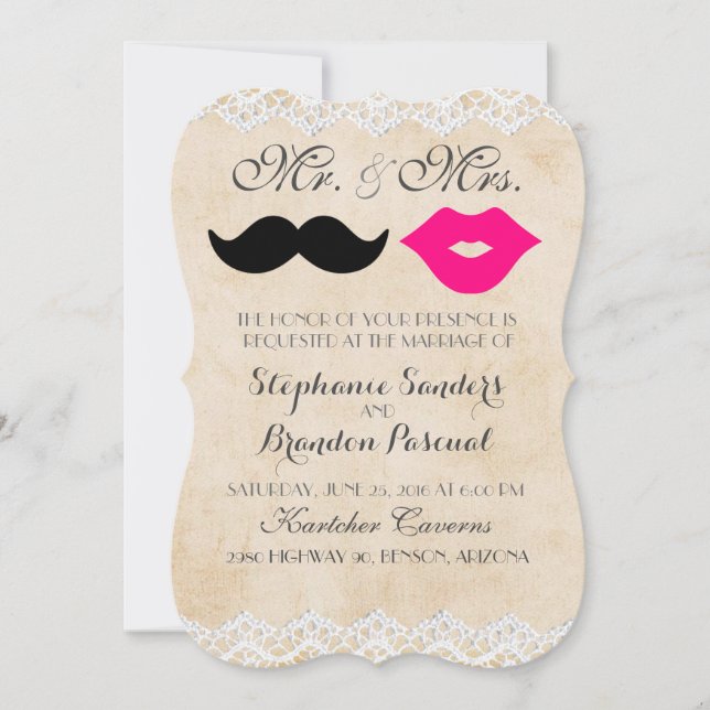 Vintage Lace Lips & Stache Invitations (Front)