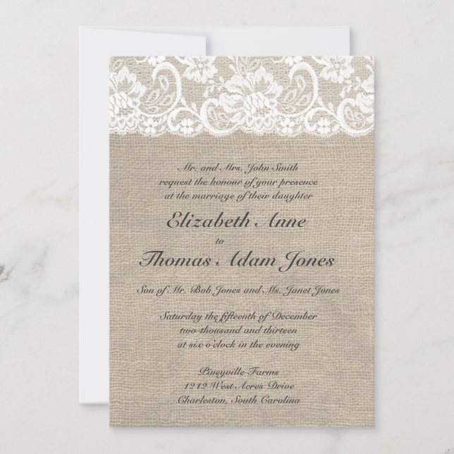 Vintage Lace Look & Burlap Look Wedding Invitation (Front)