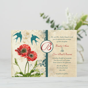 Vintage Lace Lovebirds Damask Red Poppy Wedding Invitation