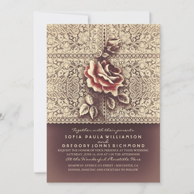 Vintage Lace Marsala Rose Wedding Invitations (Front)
