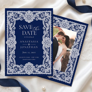 Vintage Lace Navy Blue Wedding Photo Save The Date