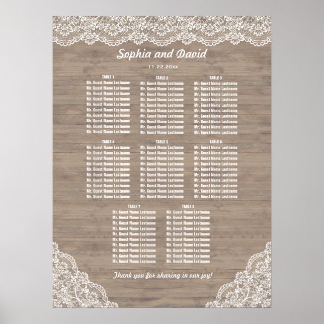 Vintage Lace Old Barn Wedding Seating Chart (Front)