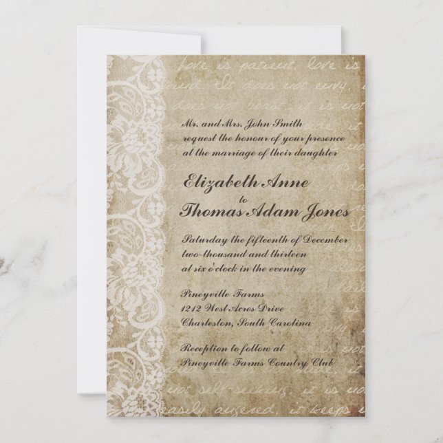Vintage Lace Old World Wedding Invitation (Front)