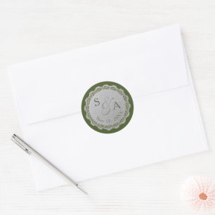 Vintage Lace Olive Green Custom Monogram Wedding Classic Round Sticker