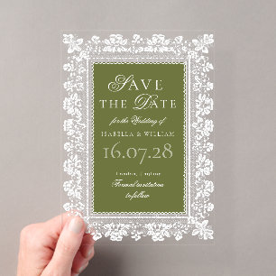 Vintage Lace Olive green Old Money Save the Date Acrylic Invitations