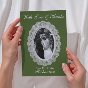 Vintage Lace Olive Green Photo Wedding Thank You Card