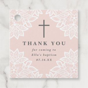 Vintage lace pink baptism thank you favour tags